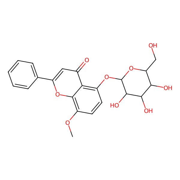 2D Structure of 8-methoxy-2-phenyl-5-[(2S,3R,4S,5S,6R)-3,4,5-trihydroxy-6-(hydroxymethyl)oxan-2-yl]oxychromen-4-one
