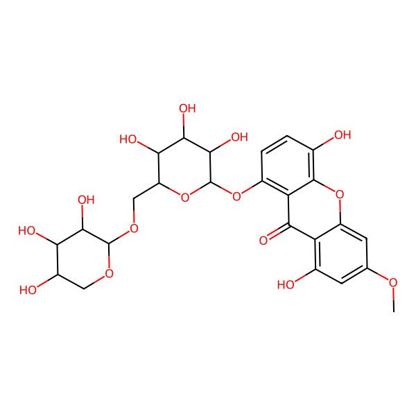 2D Structure of 1,5-dihydroxy-3-methoxy-8-[(2S,3R,4S,5S,6R)-3,4,5-trihydroxy-6-[[(2S,3R,4S,5R)-3,4,5-trihydroxyoxan-2-yl]oxymethyl]oxan-2-yl]oxyxanthen-9-one