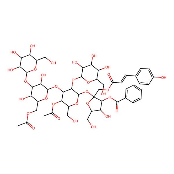 2D Structure of [(2S,3S,4R,5R)-2-[(2R,3R,4S,5R,6R)-5-acetyloxy-4-[(2R,3R,4S,5R,6R)-6-(acetyloxymethyl)-3,5-dihydroxy-4-[(2R,3R,4S,5S,6R)-3,4,5-trihydroxy-6-(hydroxymethyl)oxan-2-yl]oxyoxan-2-yl]oxy-6-(hydroxymethyl)-3-[(2S,3R,4S,5S,6R)-3,4,5-trihydroxy-6-(hydroxymethyl)oxan-2-yl]oxyoxan-2-yl]oxy-4-hydroxy-5-(hydroxymethyl)-2-[[(E)-3-(4-hydroxyphenyl)prop-2-enoyl]oxymethyl]oxolan-3-yl] benzoate