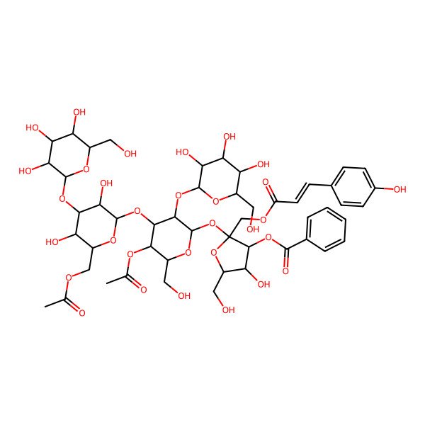 2D Structure of [(2S,3S,4R,5R)-2-[(2R,3R,4S,5R,6R)-5-acetyloxy-4-[(2R,3R,4S,5R,6R)-6-(acetyloxymethyl)-3,5-dihydroxy-4-[(2R,3R,4S,5S,6R)-3,4,5-trihydroxy-6-(hydroxymethyl)oxan-2-yl]oxyoxan-2-yl]oxy-6-(hydroxymethyl)-3-[(2S,3R,4S,5S,6R)-3,4,5-trihydroxy-6-(hydroxymethyl)oxan-2-yl]oxyoxan-2-yl]oxy-4-hydroxy-5-(hydroxymethyl)-2-[[(E)-3-(4-hydroxyphenyl)prop-2-enoyl]oxymethyl]oxolan-3-yl] benzoate