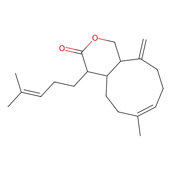 2D Structure of (4S,4aS,7E,11aR)-7-methyl-11-methylidene-4-(4-methylpent-3-enyl)-1,4,4a,5,6,9,10,11a-octahydrocyclonona[c]pyran-3-one