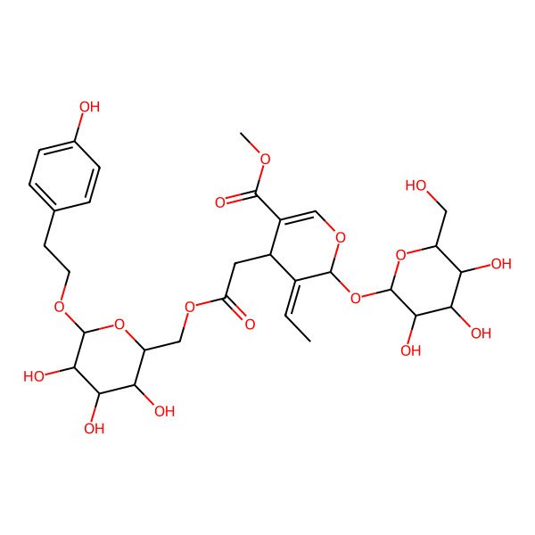 2D Structure of methyl (5E)-5-ethylidene-4-[2-oxo-2-[[(2R,3S,4S,5R,6R)-3,4,5-trihydroxy-6-[2-(4-hydroxyphenyl)ethoxy]oxan-2-yl]methoxy]ethyl]-6-[(2S,3R,4S,5S,6R)-3,4,5-trihydroxy-6-(hydroxymethyl)oxan-2-yl]oxy-4H-pyran-3-carboxylate