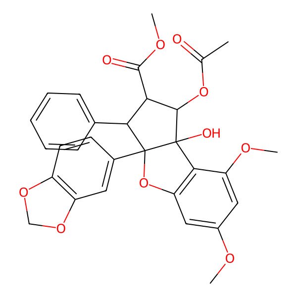 2D Structure of methyl (1R,2R,3S,3aR,8bS)-1-acetyloxy-3a-(1,3-benzodioxol-5-yl)-8b-hydroxy-6,8-dimethoxy-3-phenyl-2,3-dihydro-1H-cyclopenta[b][1]benzofuran-2-carboxylate