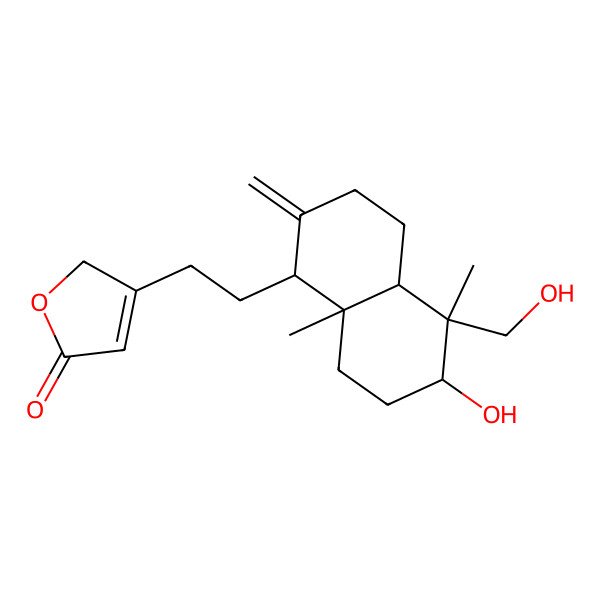 2D Structure of 3-[2-[(1S,4aR,5R,6S,8aR)-6-hydroxy-5-(hydroxymethyl)-5,8a-dimethyl-2-methylidene-3,4,4a,6,7,8-hexahydro-1H-naphthalen-1-yl]ethyl]-2H-furan-5-one