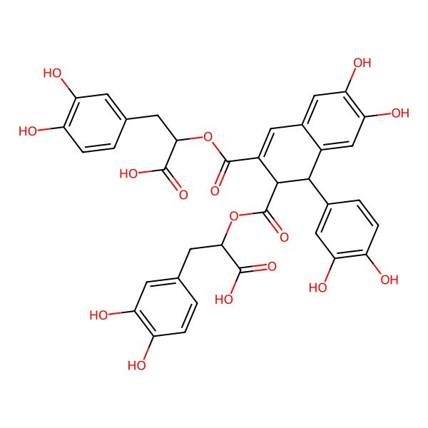 2D Structure of (2R)-3-(3,4-dihydroxyphenyl)-2-[(1S,2R)-1-(3,4-dihydroxyphenyl)-3-[(1R)-1-[(3,4-dihydroxyphenyl)methyl]-2-hydroxy-2-oxo-ethoxy]carbonyl-6,7-dihydroxy-1,2-dihydronaphthalene-2-carbonyl]oxy-propanoic acid