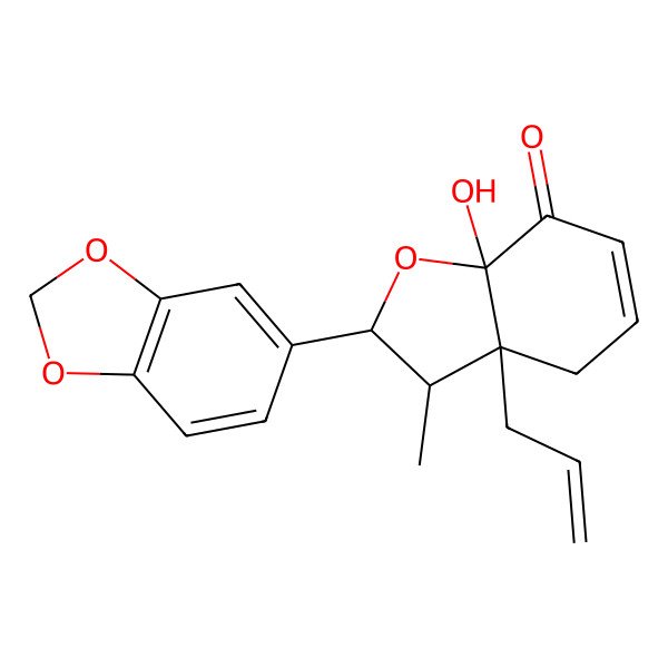 2D Structure of (2S,3S,3aS,7aS)-2-(1,3-benzodioxol-5-yl)-7a-hydroxy-3-methyl-3a-prop-2-enyl-3,4-dihydro-2H-1-benzofuran-7-one