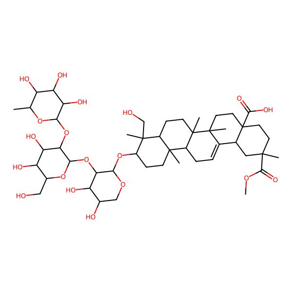 2D Structure of (2S,4aR,6aR,6aS,6bR,8aR,9R,10S,12aR,14bS)-10-[(2S,3R,4S,5R)-3-[(2S,3R,4S,5S,6R)-4,5-dihydroxy-6-(hydroxymethyl)-3-[(2S,3R,4R,5R,6S)-3,4,5-trihydroxy-6-methyloxan-2-yl]oxyoxan-2-yl]oxy-4,5-dihydroxyoxan-2-yl]oxy-9-(hydroxymethyl)-2-methoxycarbonyl-2,6a,6b,9,12a-pentamethyl-1,3,4,5,6,6a,7,8,8a,10,11,12,13,14b-tetradecahydropicene-4a-carboxylic acid