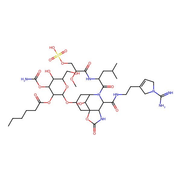 2D Structure of [(2S,3R,4S,5R,6R)-2-[[(1S,5S,6R,8R,10R,12S)-6-[2-(1-carbamimidoyl-2,5-dihydropyrrol-3-yl)ethylcarbamoyl]-12-hydroxy-7-[(2R)-2-[[(2S)-2-methoxy-3-sulfooxypropanoyl]amino]-4-methylpentanoyl]-3-oxo-2-oxa-4,7-diazatricyclo[6.3.1.01,5]dodecan-10-yl]oxy]-4-carbamoyloxy-5-hydroxy-6-(hydroxymethyl)oxan-3-yl] hexanoate