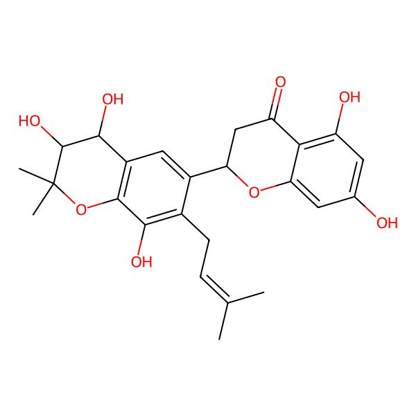 2D Structure of (2S)-5,7-dihydroxy-2-[3,4,8-trihydroxy-2,2-dimethyl-7-(3-methylbut-2-enyl)-3,4-dihydrochromen-6-yl]-2,3-dihydrochromen-4-one
