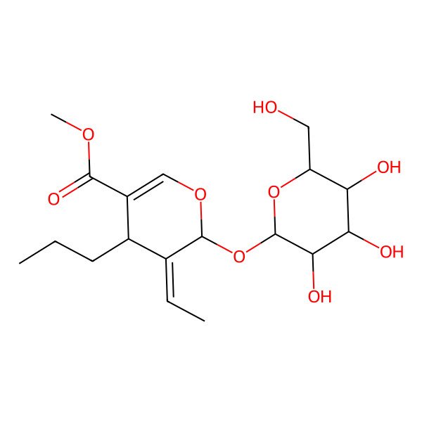 2D Structure of methyl (5E)-5-ethylidene-4-propyl-6-[(2S,3S,4S,5R,6R)-3,4,5-trihydroxy-6-(hydroxymethyl)oxan-2-yl]oxy-4H-pyran-3-carboxylate