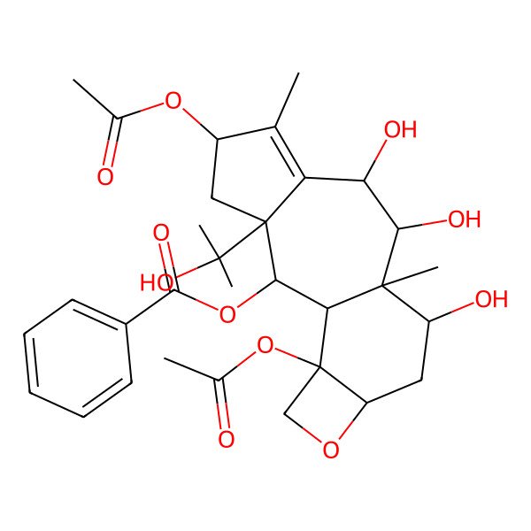2D Structure of [(2S,3S,5S,8R,9R,10S,11S,13R,16S)-5,16-diacetyloxy-8,9,11-trihydroxy-3-(2-hydroxypropan-2-yl)-6,10-dimethyl-14-oxatetracyclo[8.6.0.03,7.013,16]hexadec-6-en-2-yl] benzoate