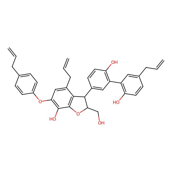 2D Structure of 4-Allyl-3-[3-(5-allyl-2-hydroxy-phenyl)-4-hydroxy-phenyl]-6-(4-allylphenoxy)-2-(hydroxymethyl)-2,3-dihydrobenzofuran-7-ol