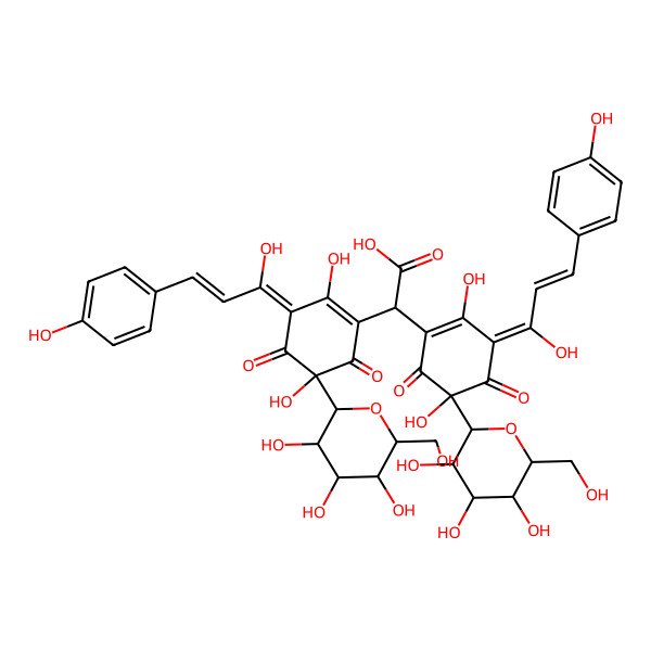 2D Structure of 2,2-bis[2,5-dihydroxy-3-[(E)-1-hydroxy-3-(4-hydroxyphenyl)prop-2-enylidene]-4,6-dioxo-5-[(2R,3R,4S,5S,6R)-3,4,5-trihydroxy-6-(hydroxymethyl)oxan-2-yl]cyclohexen-1-yl]acetic acid