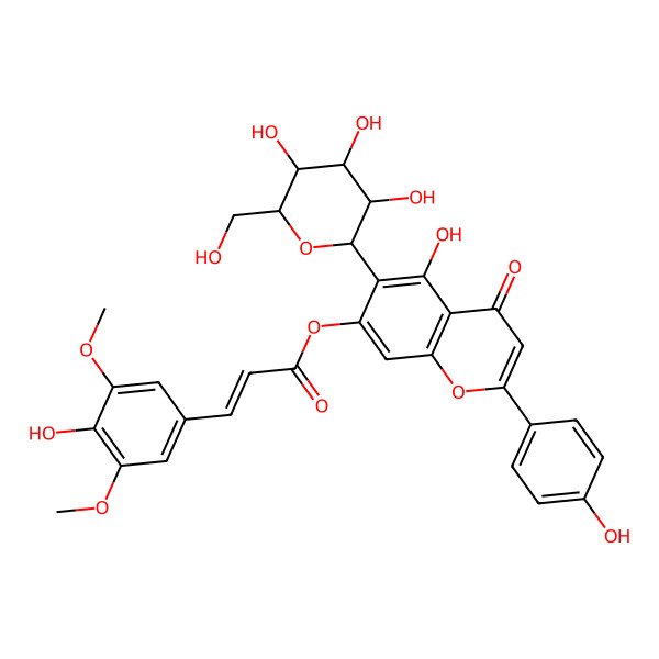 2D Structure of 2-(4-Hydroxyphenyl)-5-hydroxy-6-(beta-D-glucopyranosyl)-7-(3,5-dimethoxy-4-hydroxycinnamoyloxy)-4H-1-benzopyran-4-one