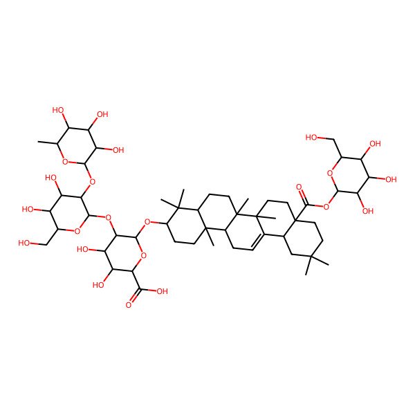 2D Structure of (3beta)-28-(beta-D-Glucopyranosyloxy)-28-oxoolean-12-en-3-yl O-6-deoxy-alpha-L-mannopyranosyl-(1-->2)-O-beta-D-galactopyranosyl-(1-->2)-beta-D-glucopyranosiduronic acid