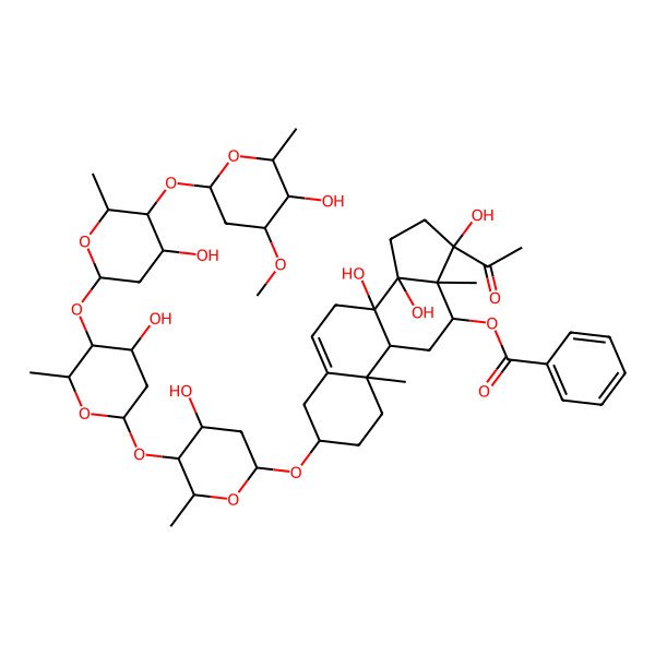 2D Structure of [(3S,8S,9R,10R,12R,13S,14R,17S)-17-acetyl-8,14,17-trihydroxy-3-[(2R,4S,5S,6R)-4-hydroxy-5-[(2S,4R,5S,6R)-4-hydroxy-5-[(2S,4R,5S,6R)-4-hydroxy-5-[(2S,4R,5R,6R)-5-hydroxy-4-methoxy-6-methyloxan-2-yl]oxy-6-methyloxan-2-yl]oxy-6-methyloxan-2-yl]oxy-6-methyloxan-2-yl]oxy-10,13-dimethyl-1,2,3,4,7,9,11,12,15,16-decahydrocyclopenta[a]phenanthren-12-yl] benzoate