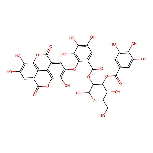 2D Structure of [(2R,3R,4S,5R,6R)-2,5-dihydroxy-6-(hydroxymethyl)-4-(3,4,5-trihydroxybenzoyl)oxyoxan-3-yl] 3,4,5-trihydroxy-2-[(7,13,14-trihydroxy-3,10-dioxo-2,9-dioxatetracyclo[6.6.2.04,16.011,15]hexadeca-1(15),4,6,8(16),11,13-hexaen-6-yl)oxy]benzoate