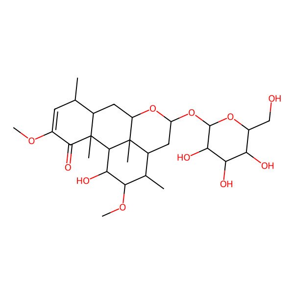 2D Structure of (2S,9R,13S,15S,17S)-16-hydroxy-4,15-dimethoxy-2,6,14,17-tetramethyl-11-[(2S,4S,6R)-3,4,5-trihydroxy-6-(hydroxymethyl)oxan-2-yl]oxy-10-oxatetracyclo[7.7.1.02,7.013,17]heptadec-4-en-3-one