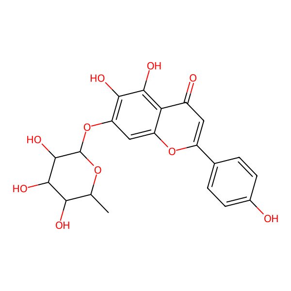2D Structure of 5,6-dihydroxy-2-(4-hydroxyphenyl)-7-[(2S,3R,4R,5S,6S)-3,4,5-trihydroxy-6-methyloxan-2-yl]oxychromen-4-one