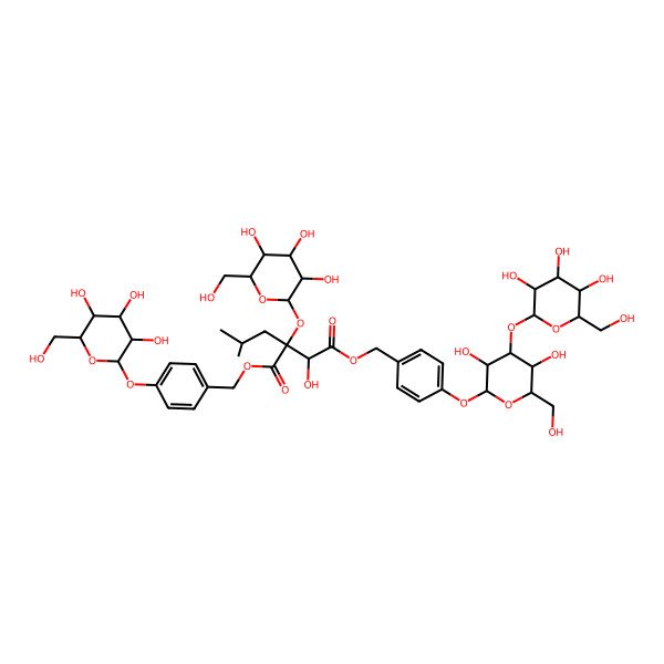 2D Structure of 4-O-[[4-[(2S,3R,4S,5R,6R)-3,5-dihydroxy-6-(hydroxymethyl)-4-[(2S,3R,4S,5S,6R)-3,4,5-trihydroxy-6-(hydroxymethyl)oxan-2-yl]oxyoxan-2-yl]oxyphenyl]methyl] 1-O-[[4-[(2S,3R,4S,5S,6R)-3,4,5-trihydroxy-6-(hydroxymethyl)oxan-2-yl]oxyphenyl]methyl] (2R,3S)-3-hydroxy-2-(2-methylpropyl)-2-[(2S,3R,4S,5S,6R)-3,4,5-trihydroxy-6-(hydroxymethyl)oxan-2-yl]oxybutanedioate