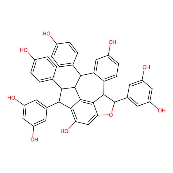 2D Structure of (1R,2R,3R,9S,10R,17R)-3,9-bis(3,5-dihydroxyphenyl)-2,17-bis(4-hydroxyphenyl)-8-oxapentacyclo[8.7.2.04,18.07,19.011,16]nonadeca-4(18),5,7(19),11(16),12,14-hexaene-5,14-diol