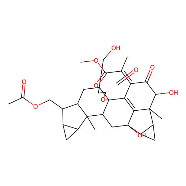 2D Structure of methyl (2Z)-2-[(2R,8S,9R,10S,12R,13S,14S,16S,17S,19R,20S,21R)-9-(acetyloxymethyl)-16,21-dihydroxy-5-(hydroxymethyl)-13,20-dimethyl-4,22-dioxo-3-oxaoctacyclo[14.7.1.02,6.02,14.08,13.010,12.017,19.020,24]tetracosa-1(24),5-dien-23-ylidene]propanoate