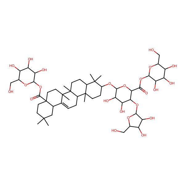 2D Structure of [(2S,3R,4S,5S,6R)-3,4,5-trihydroxy-6-(hydroxymethyl)oxan-2-yl] (2S,3S,4R,5R,6R)-6-[[(3S,4aR,6aR,6bS,8aS,12aS,14aR,14bR)-4,4,6a,6b,11,11,14b-heptamethyl-8a-[(2S,3R,4S,5S,6R)-3,4,5-trihydroxy-6-(hydroxymethyl)oxan-2-yl]oxycarbonyl-1,2,3,4a,5,6,7,8,9,10,12,12a,14,14a-tetradecahydropicen-3-yl]oxy]-3-[(2S,3R,4R,5S)-3,4-dihydroxy-5-(hydroxymethyl)oxolan-2-yl]oxy-4,5-dihydroxyoxane-2-carboxylate