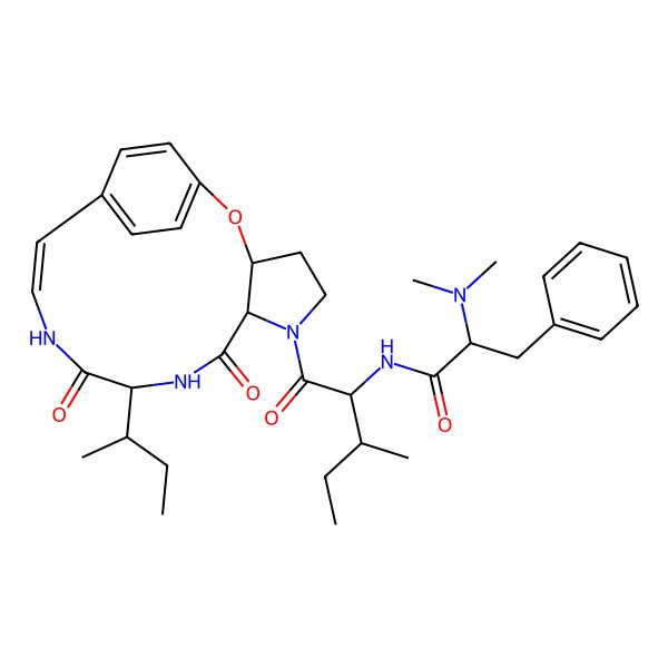 2D Structure of Benzenepropanamide, alpha-(dimethylamino)-N-[2-methyl-1-[[3,3a,11,12,13,14,15,15a-octahydro-13-(1-methylpropyl)-12,15-dioxo-5,8-ethenopyrrolo[3,2-b][1,5,8]oxadiazacyclotetradecin-1(2H)-yl]carbonyl]butyl]-
