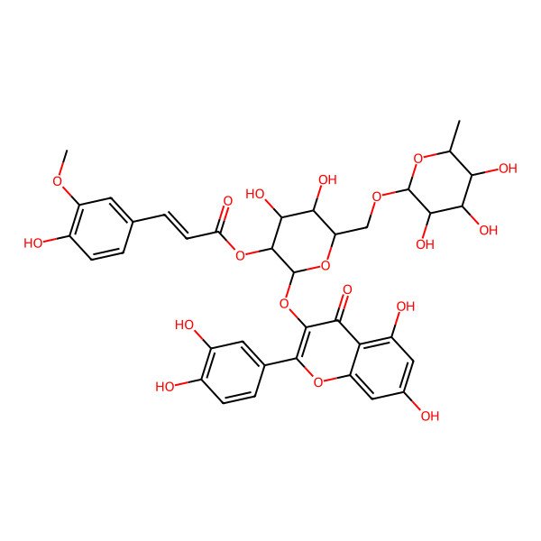 2D Structure of 5,7,3',4'-Tetrahydroxyflavone-3-yl 2-O-(3-methoxy-4-hydroxy-trans-cinnamoyl)-6-O-(alpha-L-rhamnopyranosyl)-beta-D-glucopyranoside
