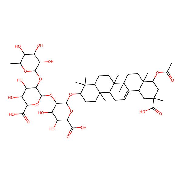 2D Structure of (2S,3S,4S,5R,6R)-6-[[(3S,4aR,6aR,6bS,8aR,9R,11R,12aS,14aR,14bR)-9-acetyloxy-11-carboxy-4,4,6a,6b,8a,11,14b-heptamethyl-1,2,3,4a,5,6,7,8,9,10,12,12a,14,14a-tetradecahydropicen-3-yl]oxy]-5-[(2R,3R,4S,5S,6S)-6-carboxy-4,5-dihydroxy-3-[(2S,3R,4R,5R,6S)-3,4,5-trihydroxy-6-methyloxan-2-yl]oxyoxan-2-yl]oxy-3,4-dihydroxyoxane-2-carboxylic acid