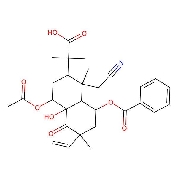 2D Structure of 2-[(1S,2R,4R,4aR,6R,8R,8aS)-4-acetyloxy-8-benzoyloxy-1-(cyanomethyl)-6-ethenyl-4a-hydroxy-1,6-dimethyl-5-oxo-2,3,4,7,8,8a-hexahydronaphthalen-2-yl]-2-methylpropanoic acid