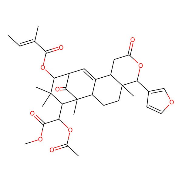 2D Structure of [(1R,2S,5R,6R,10S,13R,14R,16S)-16-[(1R)-1-acetyloxy-2-methoxy-2-oxoethyl]-6-(furan-3-yl)-1,5,15,15-tetramethyl-8,17-dioxo-7-oxatetracyclo[11.3.1.02,11.05,10]heptadec-11-en-14-yl] (E)-2-methylbut-2-enoate