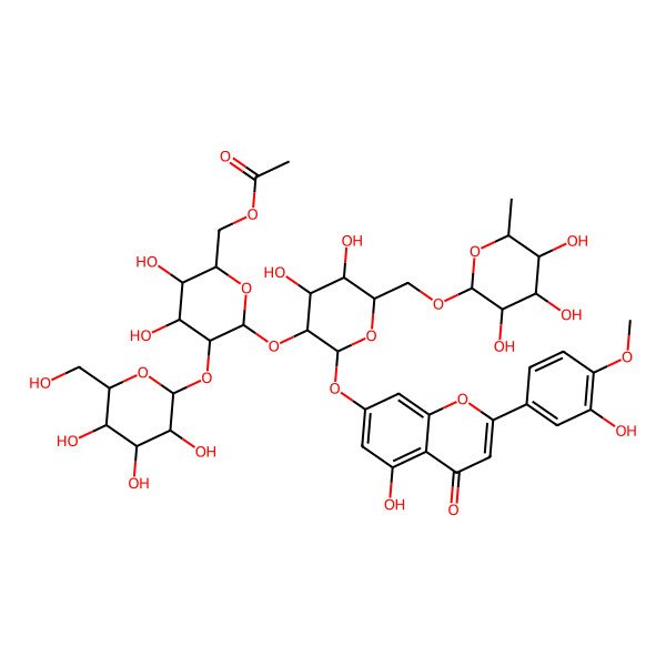 2D Structure of [(2R,3S,4S,5R,6S)-6-[(2S,3R,4S,5S,6R)-4,5-dihydroxy-2-[5-hydroxy-2-(3-hydroxy-4-methoxyphenyl)-4-oxochromen-7-yl]oxy-6-[[(2R,3R,4R,5R,6S)-3,4,5-trihydroxy-6-methyloxan-2-yl]oxymethyl]oxan-3-yl]oxy-3,4-dihydroxy-5-[(2S,3R,4S,5S,6R)-3,4,5-trihydroxy-6-(hydroxymethyl)oxan-2-yl]oxyoxan-2-yl]methyl acetate