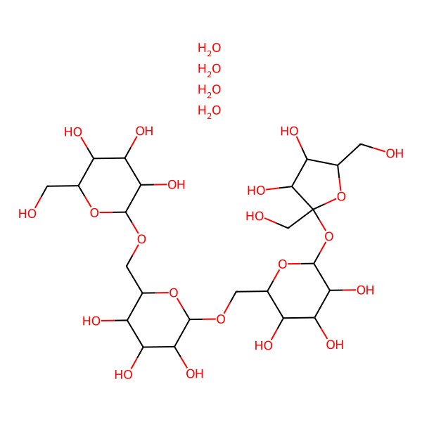 2D Structure of 2-{[3,4-Dihydroxy-2,5-bis(hydroxymethyl)oxolan-2-yl]oxy}-6-({[3,4,5-trihydroxy-6-({[3,4,5-trihydroxy-6-(hydroxymethyl)oxan-2-yl]oxy}methyl)oxan-2-yl]oxy}methyl)oxane-3,4,5-triol tetrahydrate