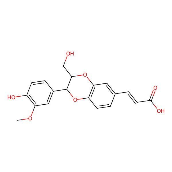 2D Structure of (E)-3-[(2R,3R)-2-(4-hydroxy-3-methoxyphenyl)-3-(hydroxymethyl)-2,3-dihydro-1,4-benzodioxin-6-yl]prop-2-enoic acid
