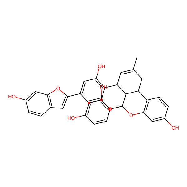 2D Structure of (1S,9S,13S,21R)-1-(2,4-dihydroxyphenyl)-17-(6-hydroxy-1-benzofuran-2-yl)-11-methyl-2,20-dioxapentacyclo[11.7.1.03,8.09,21.014,19]henicosa-3(8),4,6,11,14,16,18-heptaene-5,15-diol