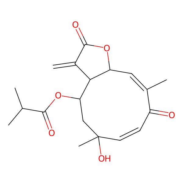 2D Structure of [(3aR,4R,6R,7Z,10E,11aR)-6-hydroxy-6,10-dimethyl-3-methylidene-2,9-dioxo-3a,4,5,11a-tetrahydrocyclodeca[b]furan-4-yl] 2-methylpropanoate