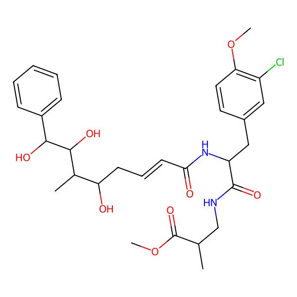 2D Structure of methyl (2R)-3-[[(2S)-3-(3-chloro-4-methoxyphenyl)-2-[[(E,5S,6S,7R,8S)-5,7,8-trihydroxy-6-methyl-8-phenyloct-2-enoyl]amino]propanoyl]amino]-2-methylpropanoate