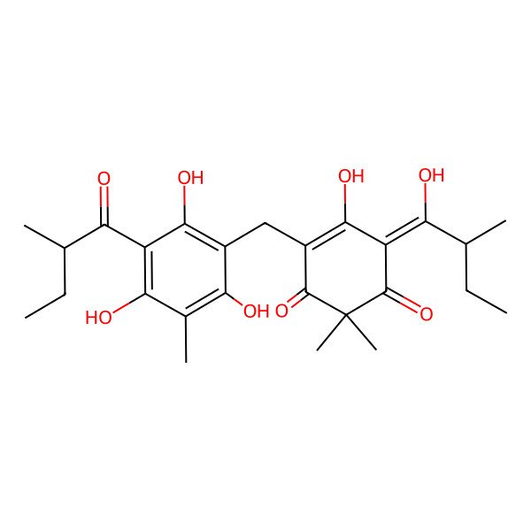 2D Structure of (6E)-5-hydroxy-6-(1-hydroxy-2-methylbutylidene)-2,2-dimethyl-4-[[2,4,6-trihydroxy-3-methyl-5-(2-methylbutanoyl)phenyl]methyl]cyclohex-4-ene-1,3-dione