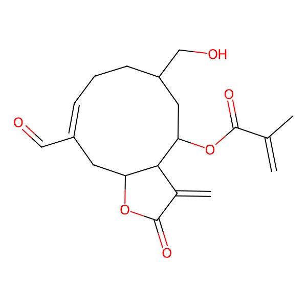 2D Structure of [(3aR,4R,6R,9E,11aR)-10-formyl-6-(hydroxymethyl)-3-methylidene-2-oxo-3a,4,5,6,7,8,11,11a-octahydrocyclodeca[b]furan-4-yl] 2-methylprop-2-enoate