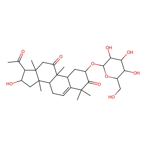 2D Structure of (2S,8S,9R,10R,13R,14S,16R,17R)-17-acetyl-16-hydroxy-4,4,9,13,14-pentamethyl-2-[(2S,3R,4S,5S,6R)-3,4,5-trihydroxy-6-(hydroxymethyl)oxan-2-yl]oxy-2,7,8,10,12,15,16,17-octahydro-1H-cyclopenta[a]phenanthrene-3,11-dione