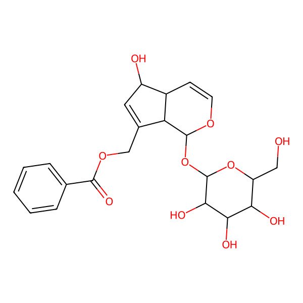 2D Structure of NCGC00169681-03_C22H26O10_[(1S)-1-(beta-D-Glucopyranosyloxy)-5-hydroxy-1,4a,5,7a-tetrahydrocyclopenta[c]pyran-7-yl]methyl benzoate