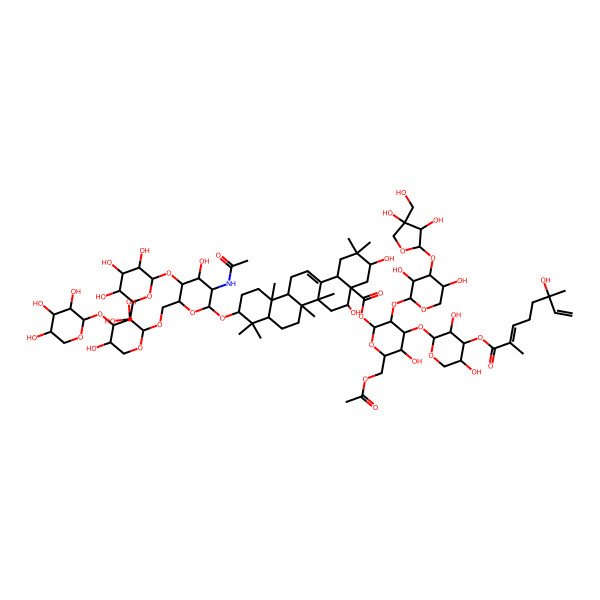 2D Structure of [(2S,3R,4S,5R,6R)-6-(acetyloxymethyl)-4-[(2S,3R,4S,5R)-3,5-dihydroxy-4-[(2E,6R)-6-hydroxy-2,6-dimethylocta-2,7-dienoyl]oxyoxan-2-yl]oxy-3-[(2S,3R,4S,5R)-4-[(2S,3R,4R)-3,4-dihydroxy-4-(hydroxymethyl)oxolan-2-yl]oxy-3,5-dihydroxyoxan-2-yl]oxy-5-hydroxyoxan-2-yl] (3S,4aR,5R,6aR,6aS,6bR,8aR,10S,12aR,14bS)-10-[(2R,3R,4R,5S,6R)-3-acetamido-6-[[(2S,3R,4S,5S)-3,5-dihydroxy-4-[(2S,3R,4S,5R)-3,4,5-trihydroxyoxan-2-yl]oxyoxan-2-yl]oxymethyl]-4-hydroxy-5-[(2S,3R,4S,5S,6R)-3,4,5-trihydroxy-6-(hydroxymethyl)oxan-2-yl]oxyoxan-2-yl]oxy-3,5-dihydroxy-2,2,6a,6b,9,9,12a-heptamethyl-1,3,4,5,6,6a,7,8,8a,10,11,12,13,14b-tetradecahydropicene-4a-carboxylate