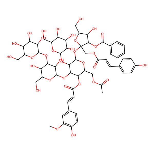 2D Structure of [(2S,3S,4R,5R)-2-[(2R,3R,4S,5R,6R)-6-(acetyloxymethyl)-4-[(2R,3R,4S,5R,6R)-3,5-dihydroxy-6-(hydroxymethyl)-4-[(2R,3R,4S,5S,6R)-3,4,5-trihydroxy-6-(hydroxymethyl)oxan-2-yl]oxyoxan-2-yl]oxy-5-[(E)-3-(4-hydroxy-3-methoxyphenyl)prop-2-enoyl]oxy-3-[(2S,3R,4S,5S,6R)-3,4,5-trihydroxy-6-(hydroxymethyl)oxan-2-yl]oxyoxan-2-yl]oxy-4-hydroxy-5-(hydroxymethyl)-2-[[(E)-3-(4-hydroxyphenyl)prop-2-enoyl]oxymethyl]oxolan-3-yl] benzoate