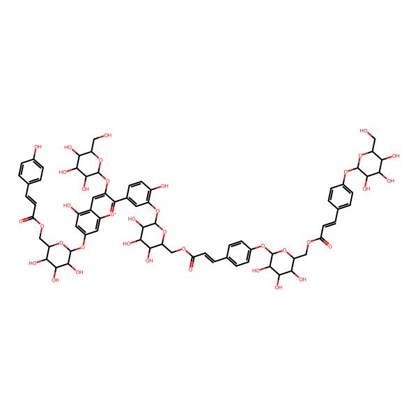 2D Structure of [(2R,3S,4S,5R,6S)-3,4,5-trihydroxy-6-[5-hydroxy-2-[4-hydroxy-3-[(2S,3R,4S,5S,6R)-3,4,5-trihydroxy-6-[[(E)-3-[4-[(2S,3R,4S,5S,6R)-3,4,5-trihydroxy-6-[[(E)-3-[4-[(2S,3R,4S,5S,6R)-3,4,5-trihydroxy-6-(hydroxymethyl)oxan-2-yl]oxyphenyl]prop-2-enoyl]oxymethyl]oxan-2-yl]oxyphenyl]prop-2-enoyl]oxymethyl]oxan-2-yl]oxyphenyl]-3-[(2S,3R,4S,5S,6R)-3,4,5-trihydroxy-6-(hydroxymethyl)oxan-2-yl]oxychromenylium-7-yl]oxyoxan-2-yl]methyl 3-(4-hydroxyphenyl)prop-2-enoate