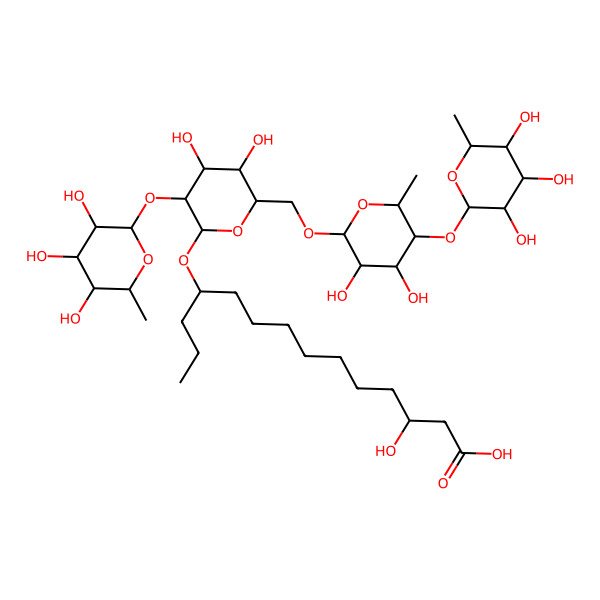 2D Structure of 11-[(2R,3R,4S,5S,6R)-6-[[(2R,3R,4S,5R,6R)-3,4-dihydroxy-6-methyl-5-[(2S,3R,4R,5S,6R)-3,4,5-trihydroxy-6-methyloxan-2-yl]oxyoxan-2-yl]oxymethyl]-4,5-dihydroxy-3-[(2S,3R,4R,5S,6R)-3,4,5-trihydroxy-6-methyloxan-2-yl]oxyoxan-2-yl]oxy-3-hydroxytetradecanoic acid