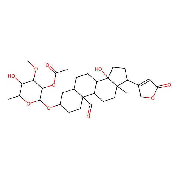 2D Structure of [(2R,3S,4R,5S,6S)-2-[[(3S,5R,10R,13R)-10-formyl-14-hydroxy-13-methyl-17-(5-oxo-2H-furan-3-yl)-1,2,3,4,5,6,7,8,9,11,12,15,16,17-tetradecahydrocyclopenta[a]phenanthren-3-yl]oxy]-5-hydroxy-4-methoxy-6-methyloxan-3-yl] acetate