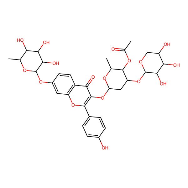 2D Structure of [(2S,3S,4S,6S)-6-[2-(4-hydroxyphenyl)-4-oxo-7-[(2S,3R,4R,5R,6S)-3,4,5-trihydroxy-6-methyloxan-2-yl]oxychromen-3-yl]oxy-2-methyl-4-[(2R,3R,4S,5R)-3,4,5-trihydroxyoxan-2-yl]oxyoxan-3-yl] acetate