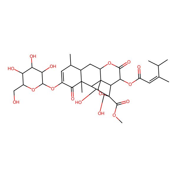 2D Structure of methyl (1R,2S,3R,6R,8S,9S,13S,14S,15R,16S,17S)-3-[(E)-3,4-dimethylpent-2-enoyl]oxy-15,16-dihydroxy-9,13-dimethyl-4,12-dioxo-11-[(2S,3R,4S,5S,6R)-3,4,5-trihydroxy-6-(hydroxymethyl)oxan-2-yl]oxy-5,18-dioxapentacyclo[12.5.0.01,6.02,17.08,13]nonadec-10-ene-17-carboxylate