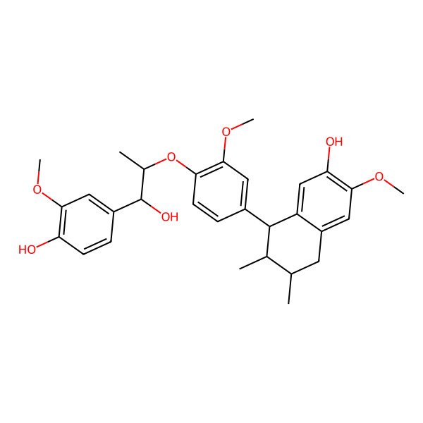 2D Structure of (-)-(7'S,7''S,8R,8'S,8''R)-4,4''-dihydroxy-3',3'',5-trimethoxy-4',8''-oxy-2,7'-cyclo-8,8'-sesquineolignan-7''-ol